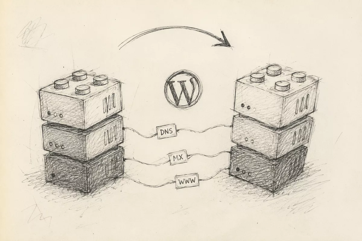 Dessin au crayon d’un transfert de site et DNS entre deux environnements d’hébergement