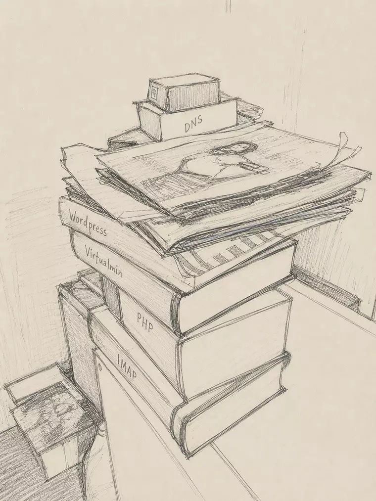 Hand-drawn stack of service folders labelled DNS, WordPress, Virtualmin, PHP and IMAP